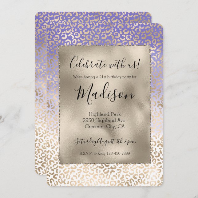 Girly Purple Gold Ombre Leopard Print Invitation (Front/Back)
