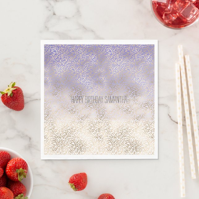 Girly Purple Gold Ombre Leopard Print Napkin (Insitu)