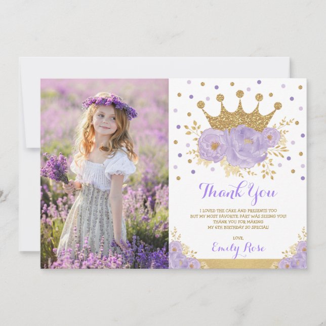 Girly Purple Gold Princess Crown Birthday Photo Thank You Card (Front)