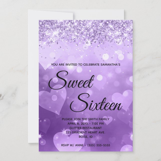 Girly Purple Heart Gradient Glitter Sweet Sixteen Invitation (Front)