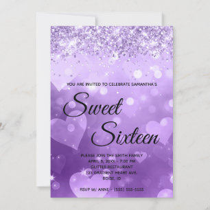 Girly Purple Heart Gradient Glitter Sweet Sixteen Invitation