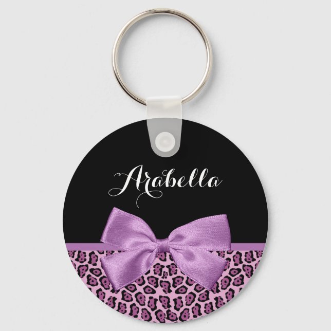 Girly Purple Jaguar Print Cute Bow With Name Key Ring (Front)