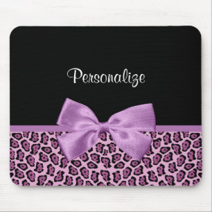 Girly Purple Jaguar Print Cute Bow With Name Mouse Pad