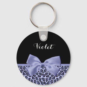 Girly Purple Jaguar Print Lavender Bow With Name Key Ring