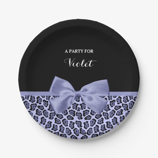 Girly Purple Jaguar Print Lavender Bow With Name Paper Plate (Front)