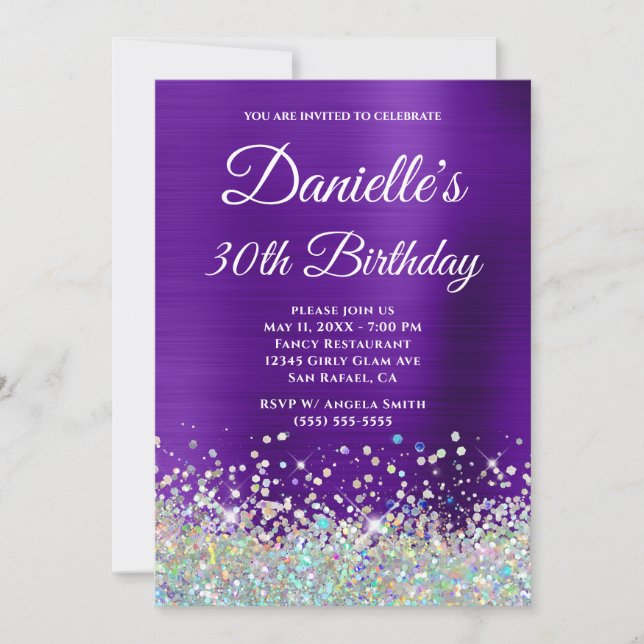 Girly Purple Ombre Holo Glitter 30th Birthday Invitation (Front)