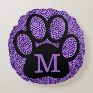Girly Purple Paw Print with Monogram in Cheetah Round Cushion