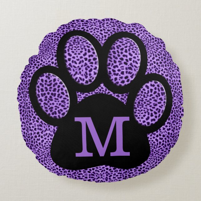 Girly Purple Paw Print with Monogram in Cheetah Round Cushion (Front)
