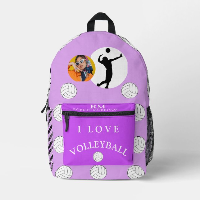 Girly Purple Photo Chic Volleyball Printed Backpack (Front)