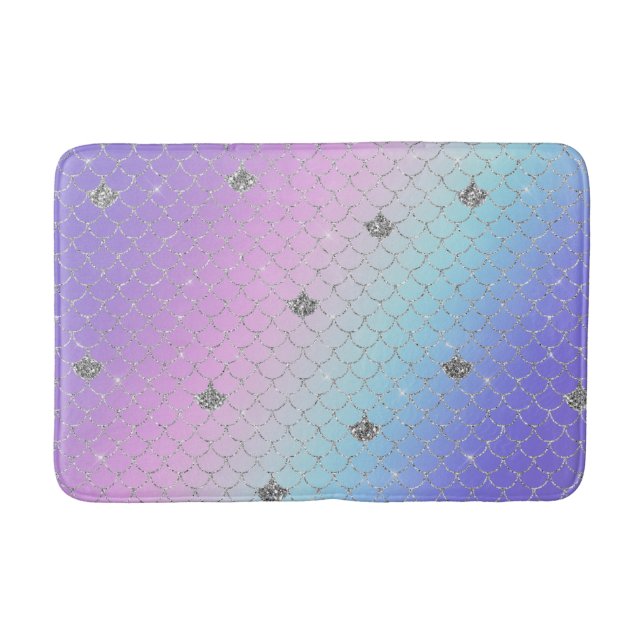 Girly Purple Pink Aqua Silver Mermaid Glitter Bath Mat (Front)