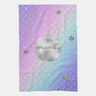 Girly Purple Pink Aqua Silver Mermaid Glitter Tea Towel