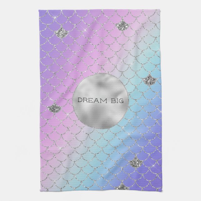 Girly Purple Pink Aqua Silver Mermaid Glitter Tea Towel (Vertical)