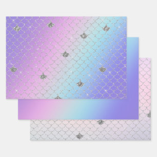 Girly Purple Pink Aqua Silver Mermaid Glitter Wrapping Paper Sheet
