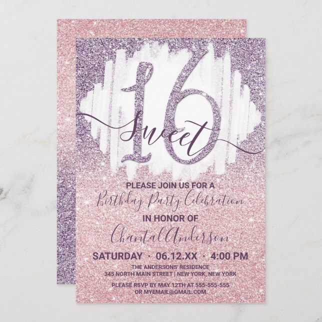 Girly Purple Pink Faux Glitter Ombre Sweet Sixteen Invitation (Front/Back)