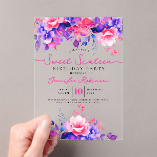 Girly Purple Pink Floral Sweet 16 Birthday Party Acrylic Invitations