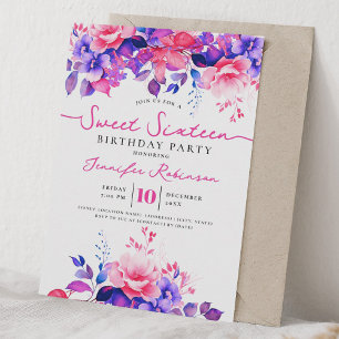 Girly Purple Pink Floral Sweet 16 Birthday Party Invitation