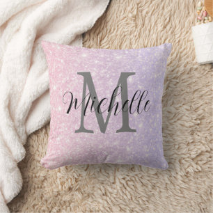 Girly Purple Pink Glitte Monogram and Name  Cushion