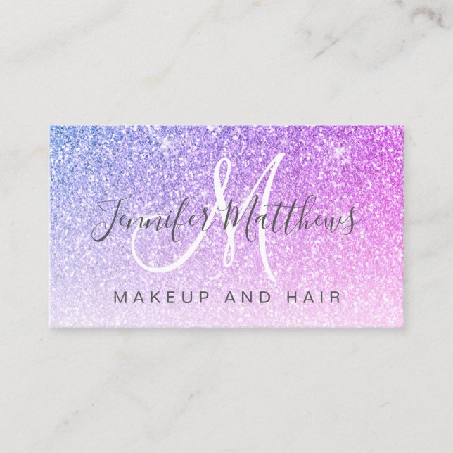 Girly Purple Pink Glitter Makeup Artist Hair Salon Business Card (Front)