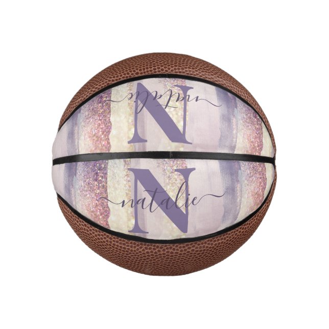 Girly purple pink glitter sparkle initial name mini basketball (Front)