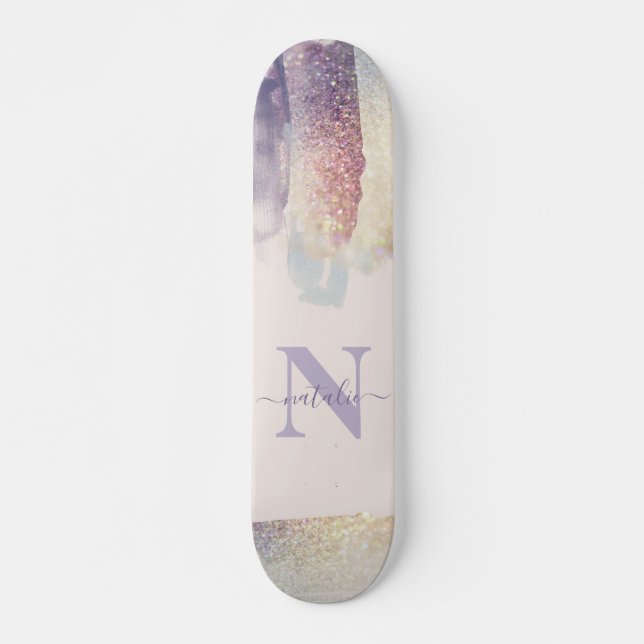 Girly purple pink glitter sparkle initial name skateboard (Front)
