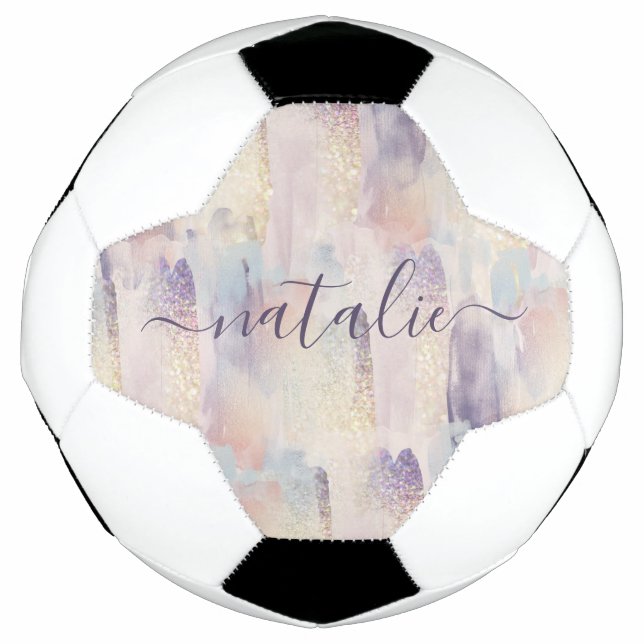 Girly purple pink glitter sparkle personalised soccer ball (Front)