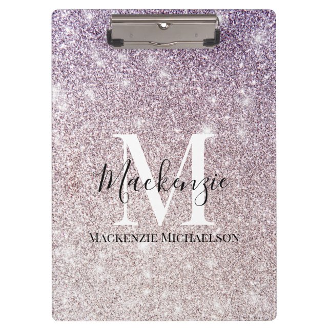 Girly Purple Pink Ombre Glitter Monogram Name  Clipboard (Front)