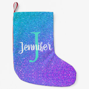 Girly Purple Teal Sparkling Glitter Monogrammed Small Christmas Stocking