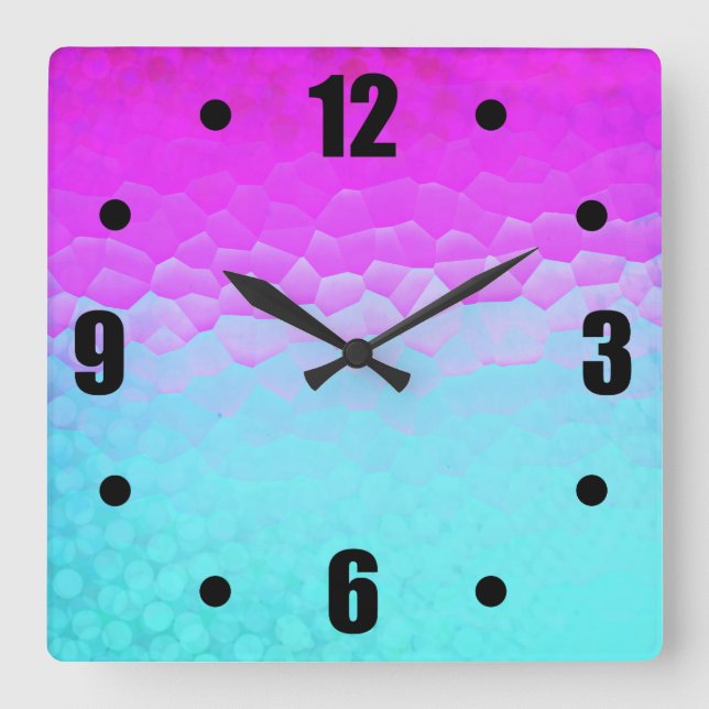 Girly Purple Turquoise Ombre Mosaic Bokeh Pattern Square Wall Clock (Front)