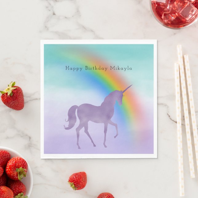 Girly Purple Unicorn Rainbow Personalised Napkin (Insitu)