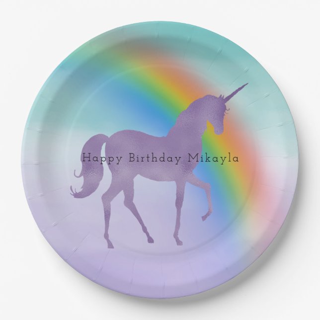 Girly Purple Unicorn Rainbow Personalised Paper Plate (Front)