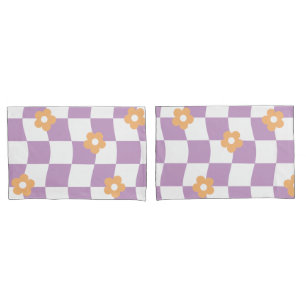 Girly Purple White Chequerboard Floral Pattern Pillowcase