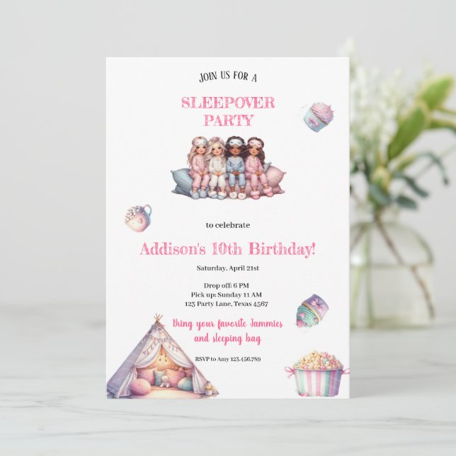GIRLY PYJAMAS PARTY INVITATION (Standing Front)
