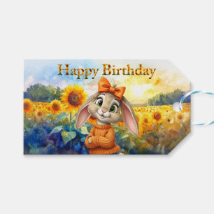 Girly rabbit sunflower field Happy Birthday Gift Tags