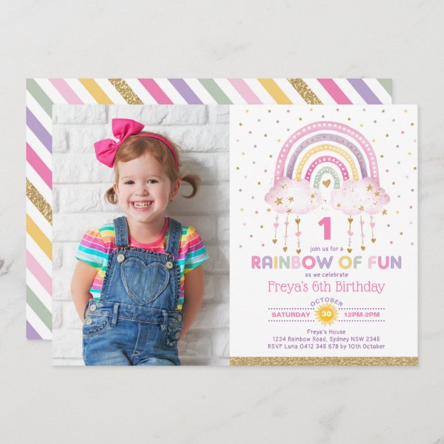 Girly Rainbow Clouds Confetti Pink Gold Birthday Invitation (Front/Back)