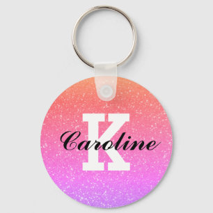 Girly rainbow colour glitter custom name monogram key ring