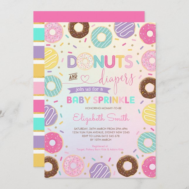 Girly Rainbow Donuts Diapers Baby Sprinkle Shower Invitation (Front/Back)
