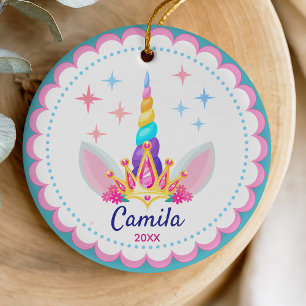 Girly Rainbow Fantasy Unicorn Horn Keepsake Ceramic Ornament