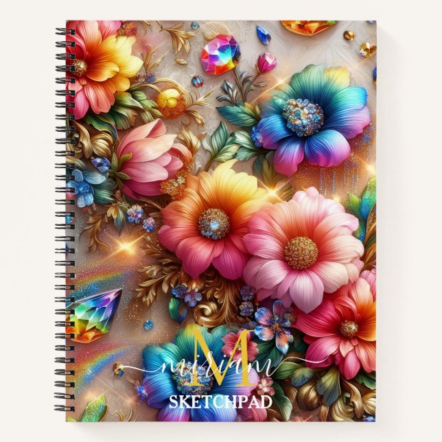 Girly Rainbow Floral Flower Monogram Notebook (Front)