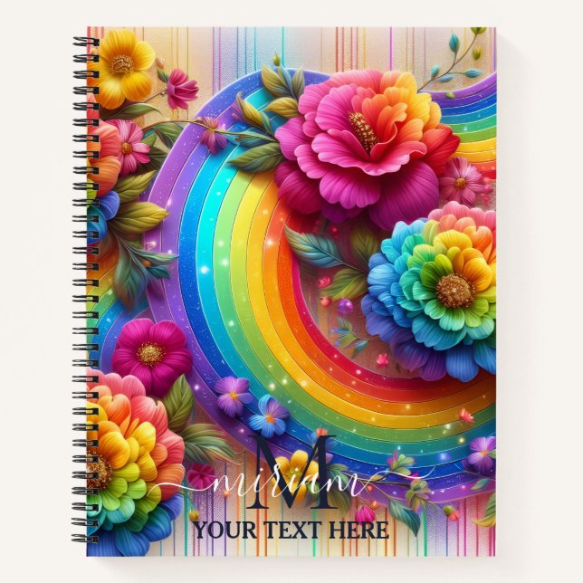 Girly Rainbow Floral Flower Monogram Notebook (Front)