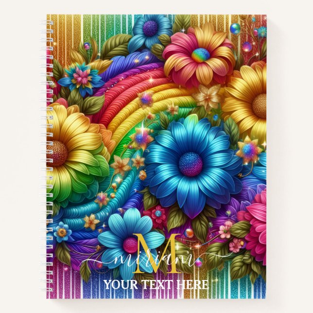 Girly Rainbow Floral Flower Monogram Notebook (Front)