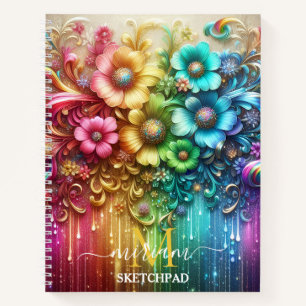 Girly Rainbow Floral Flower Monogram Notebook