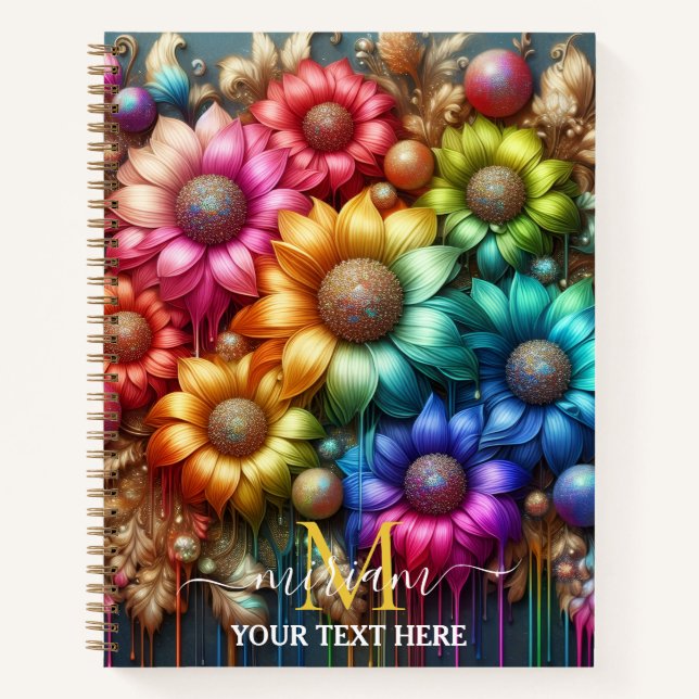 Girly Rainbow Floral Flower Monogram Notebook (Front)