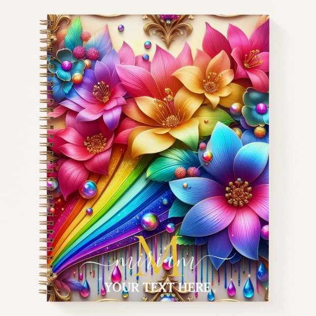 Girly Rainbow Floral Flower Monogram Notebook (Front)