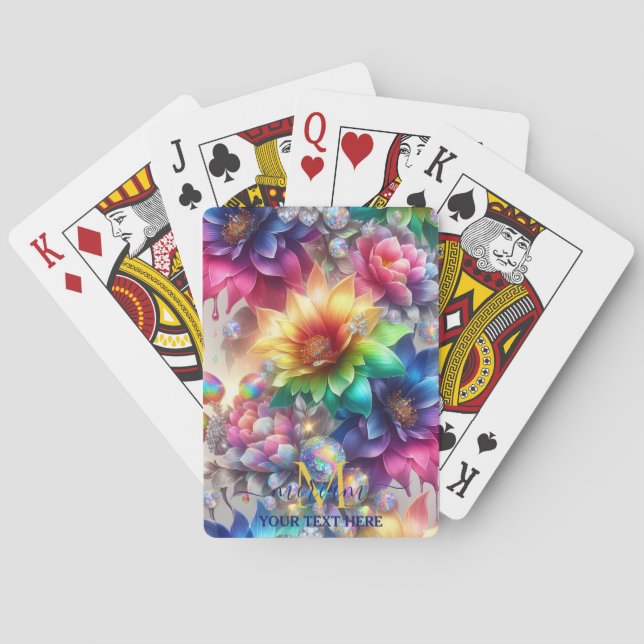 Girly Rainbow Floral Flower Monogram Playing Cards (Back)