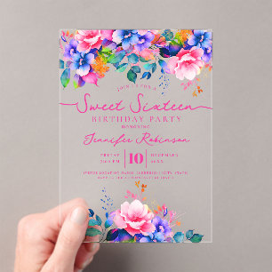 Girly Rainbow Floral Sweet 16 Birthday Party Acrylic Invitations