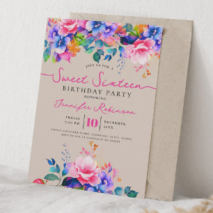 Girly Rainbow Floral Sweet 16 Birthday Party  Invitation