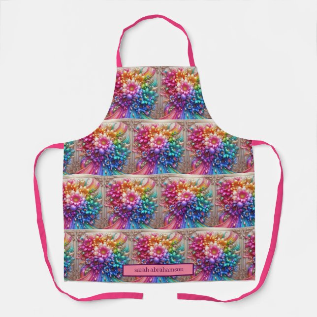 Girly Rainbow Flowers and Glitter Drips Apron (Front)