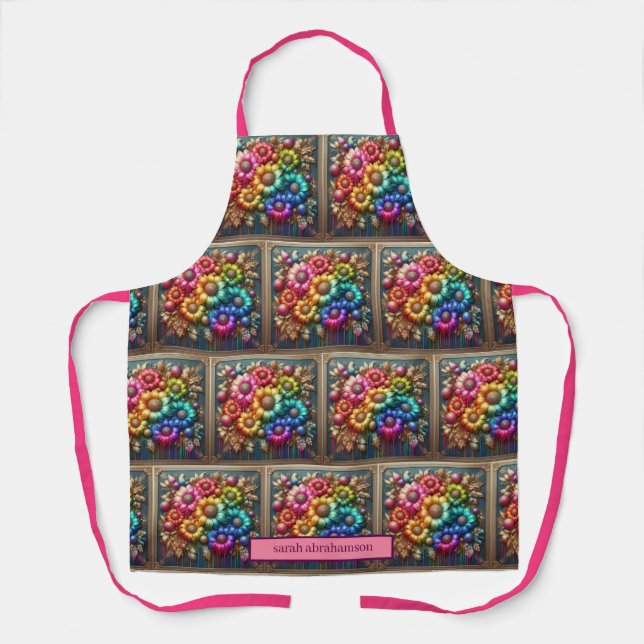 Girly Rainbow Flowers and Glitter Drips Apron (Front)
