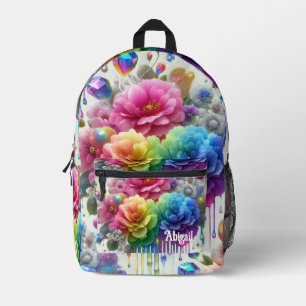 Girly Rainbow Flowers with Glitter Drips Backpack