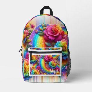 Girly Rainbow Flowers with Glitter Drips Backpack